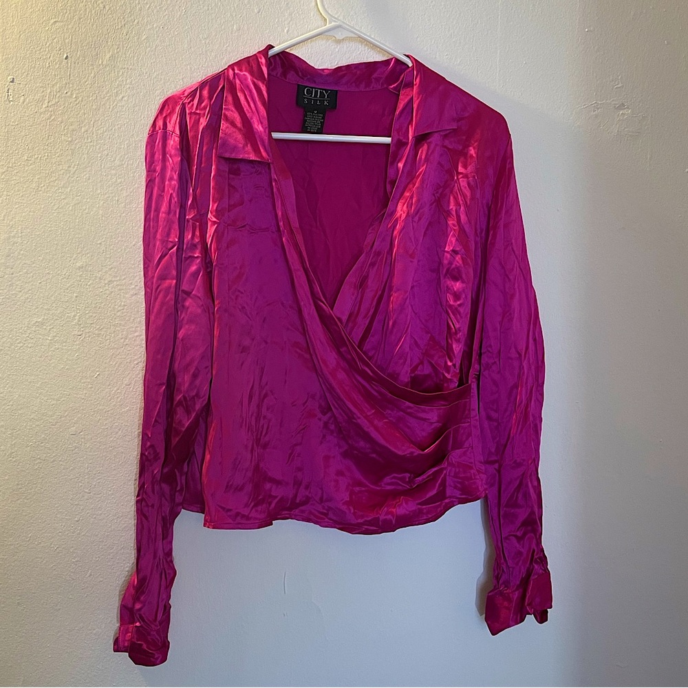 ⚡️CITY SILK Vintage Wrap Blouse Fuchsia Hot Pink Collared V Neck Long Sleeve Top